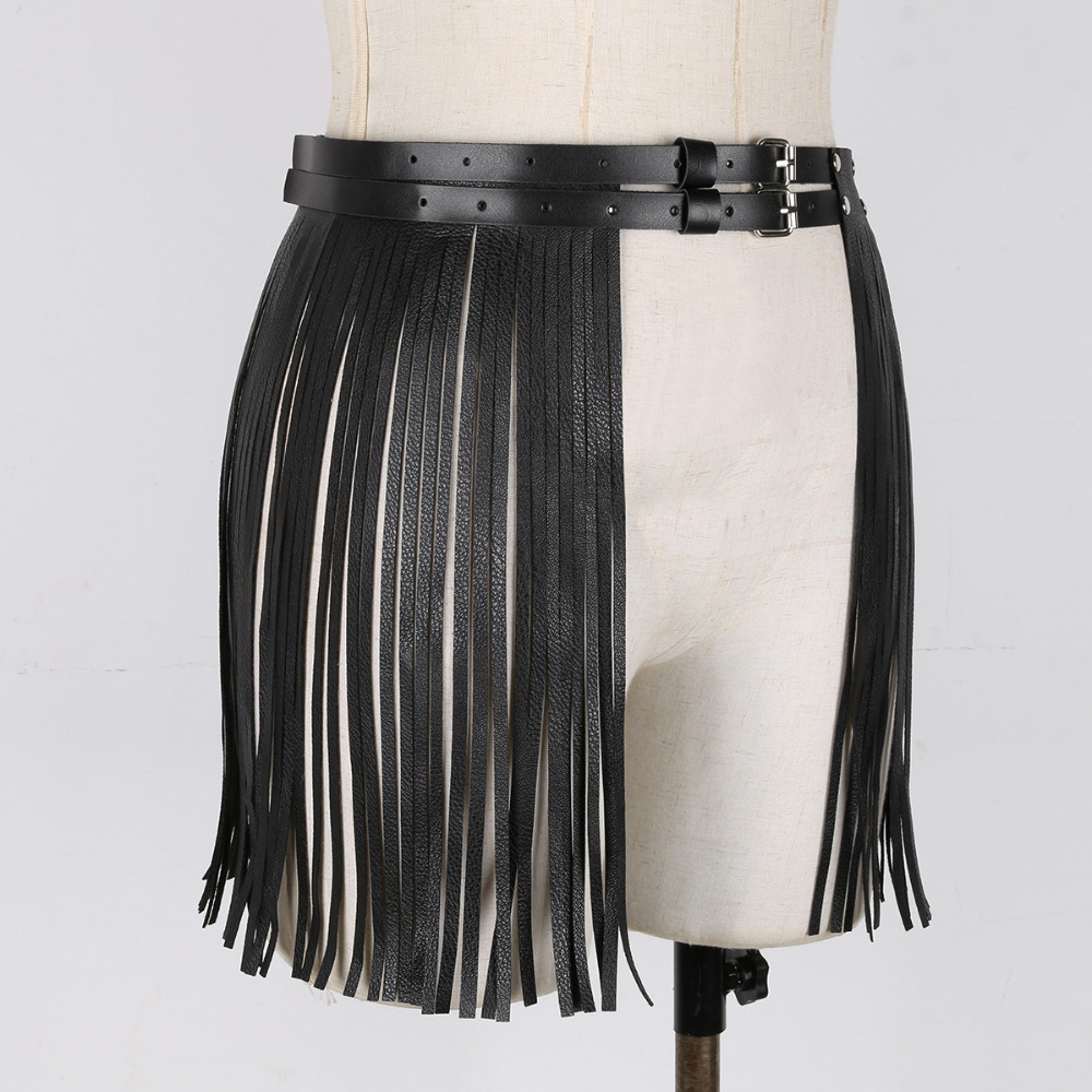 Womens Adult Adjustable Faux Leather Waistband Fringe Tassel Skirt Belt Nightclub Costume Cosplay Parties Skirts for Halloween 210309