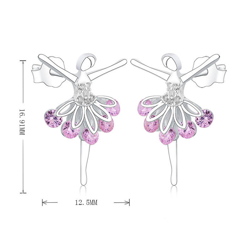 Authentic 925 Sterling Silver Pink CZ Dancing Girl Stud Earrings for Women Girls Fine Jewelry Gift Moda Bijoux