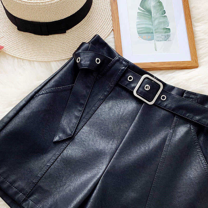 High Waist Women's Leather Short PU Belt Zipper Pocket Female Shorts Spring Fashion Korean Casual Girl Ladies Bottom 210611