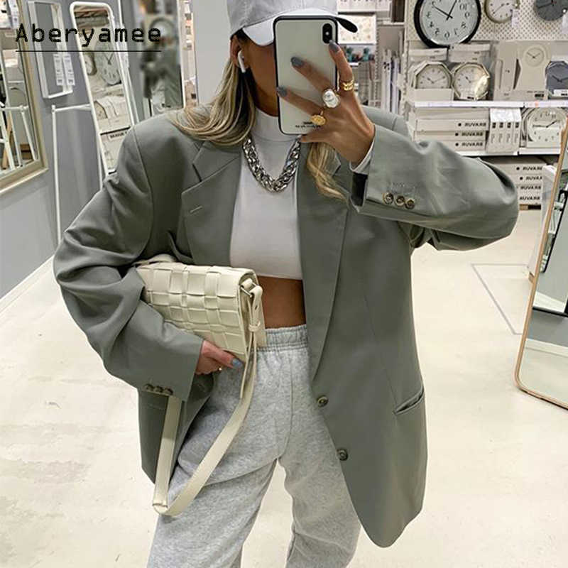 Aberyamee Women's Overshirt Oversized Blazer Long Sleeve Notched Jackets Autumn Pockets Ladies Outwear Green Clothes Female 210930