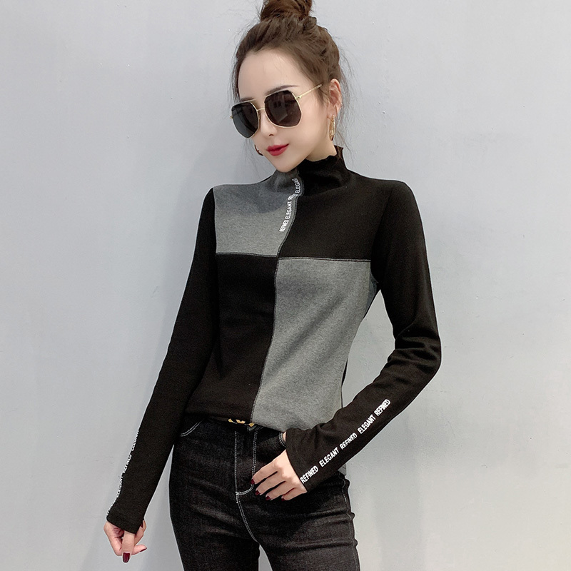 New Women Spring/Autumn Slim T-Shirt Patchwork Bottoming Long Sleeve Casual Korean Minimalist Triko Top Tees Sanded T07833B 210310