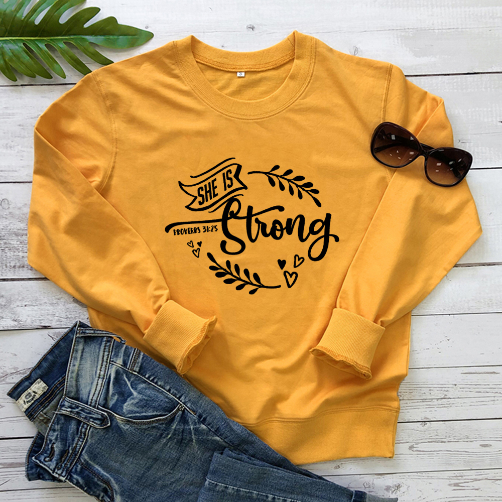 She Is Strong Graphic sweatshirt Women Streetwear Aesthetic Religion Christian Jesus Faith hoodies Cotton 80 Girl Tops Drop Ship T200525