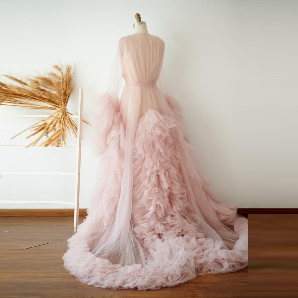 Light Pink Ruffles Night Robe Bridal Long Sleeves Sleepwear See Through Party Nightgowns Robes Custom Made