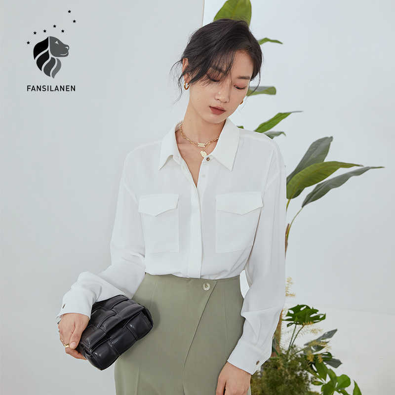 FANSILANEN Office lady casual white blouse shirt Women long sleeve pocket elegant button up Spring oversize female top 210607
FANSILANEN Office lady casual white blouse shirt Women long sleeve pocket elegant button up Spring oversize female top 210607