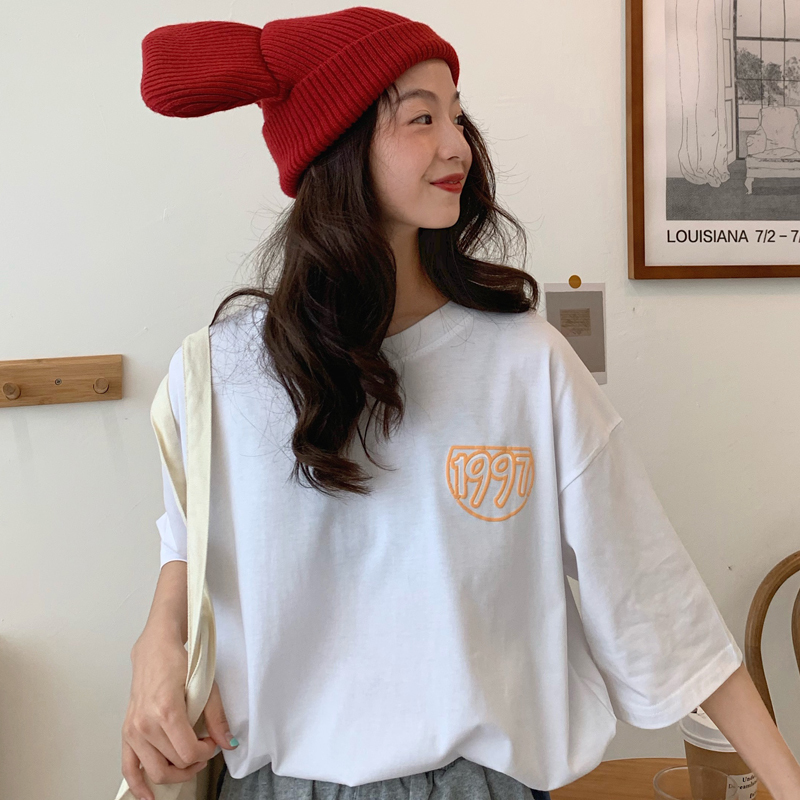 Casual Loose Oversized T Shirt Women Cartoon Printed Three Quarter Sleeve Tee Shirt Female Pink White Orange Streetwear T-shirts 210302