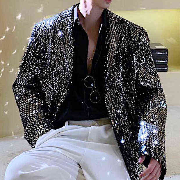 Sequin Blazer Hombre Stage Show Blazer Jacket Outerwear Men Sequins Casual Suit Jacket Overcoat Male Silver Paillette Blazer 211120