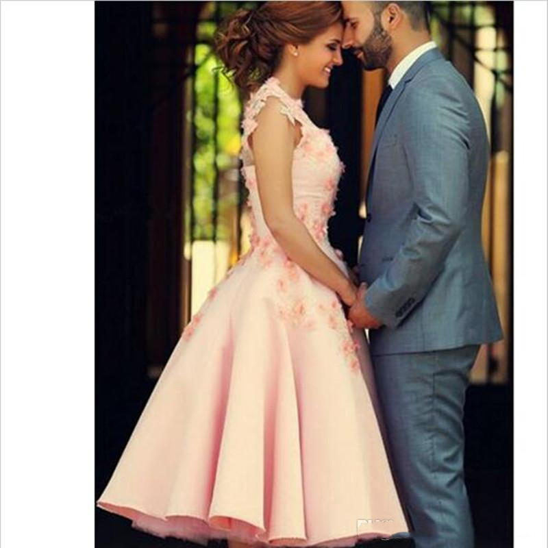 Spring Summer Blush Pink Short Wedding Dresses New 2021 A Line Satin Bridal Gowns 3D Flowers Lace Appliques Tea Length Garden Wedding Dress