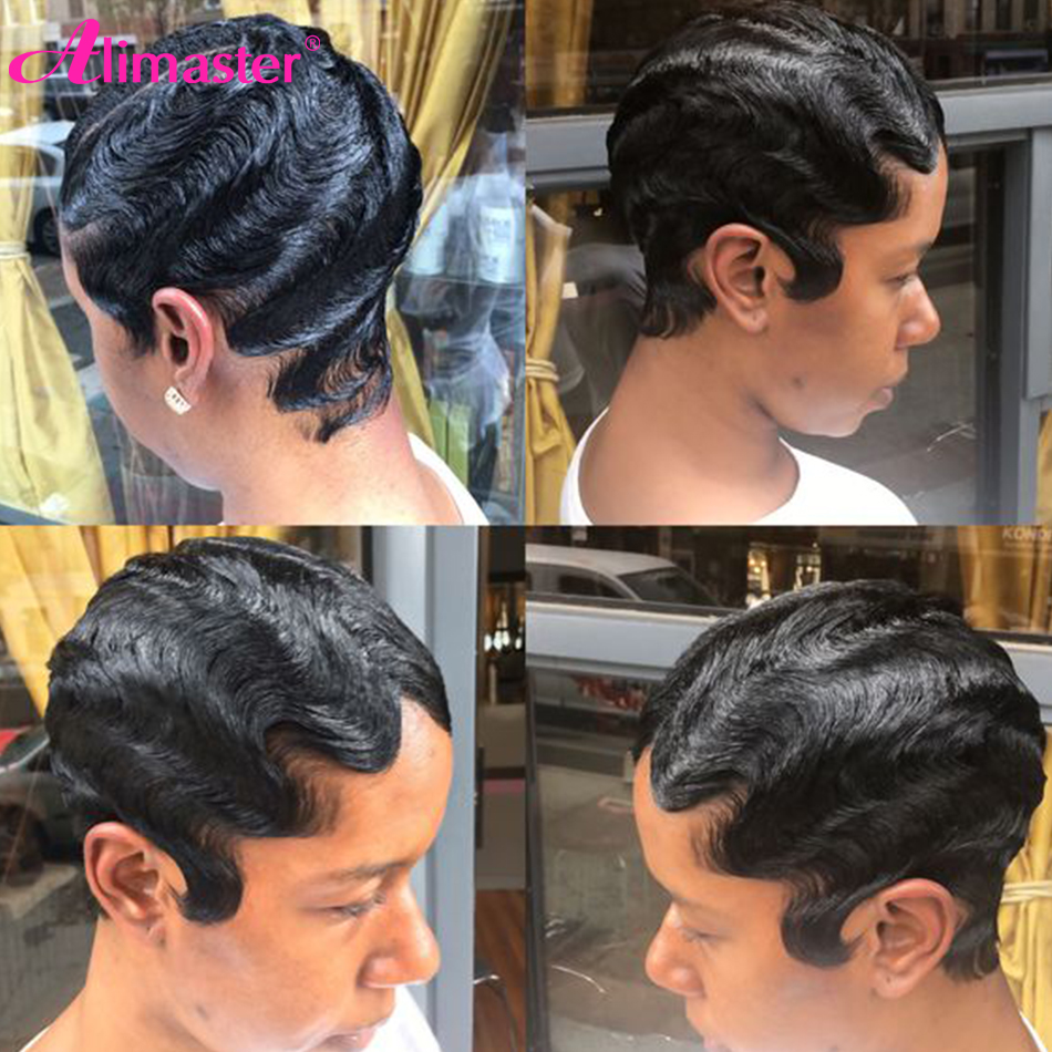 Short Pixie Cut Human Hair Wigs Really Cute Finger Waves Hairstyles for Black Women Full Machine Made Wigs Perruque Cheveux
