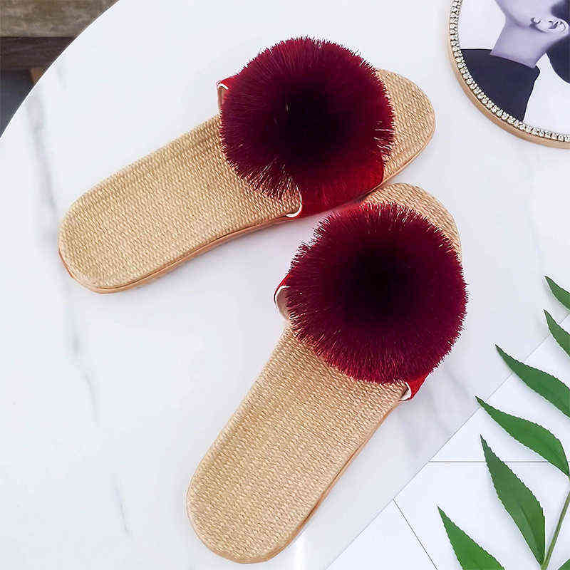 Women Slippers Summer Cute Sweet Flat Pompom Hemp Females Furry Indoor Casual Footwear Fashion Home Slides 211110