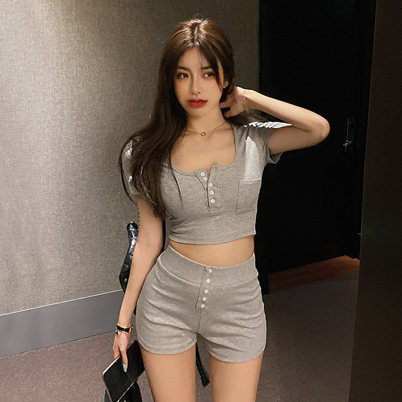 Women's 2 Piece Summer Short Sleeve Crop Top And High Waist Knit Shorts Set