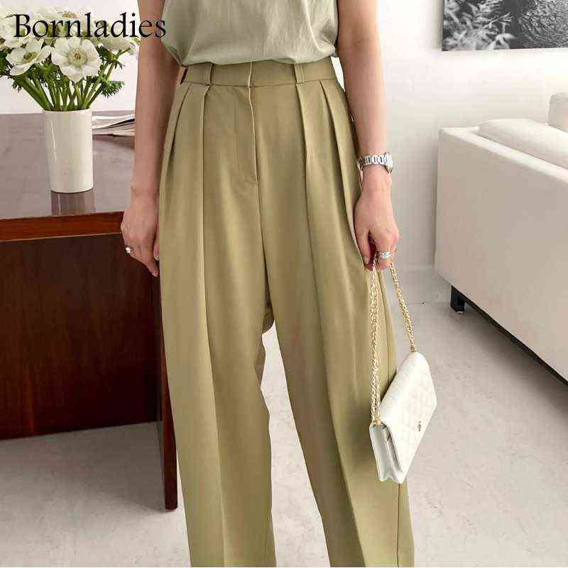 Bornladies Summer Casual High Waist Loose Straight Pants for Women Ladies Button Wide Leg Trousers Female Solid 211115