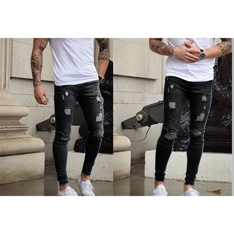 New Men Ripped holes Denim jeans skinny blue Jeans Trousers for Man slim fit with Pleated Washed streetwear jeans pants men T200614
