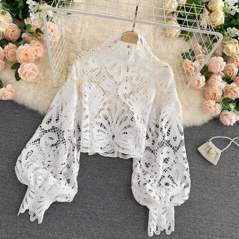 Sexy Lace Hollow Out Short Blouse Casual Lantern Long Sleeve Stand Collar Shirts Female Elegant Red/Pink/White Loose Tops 210721