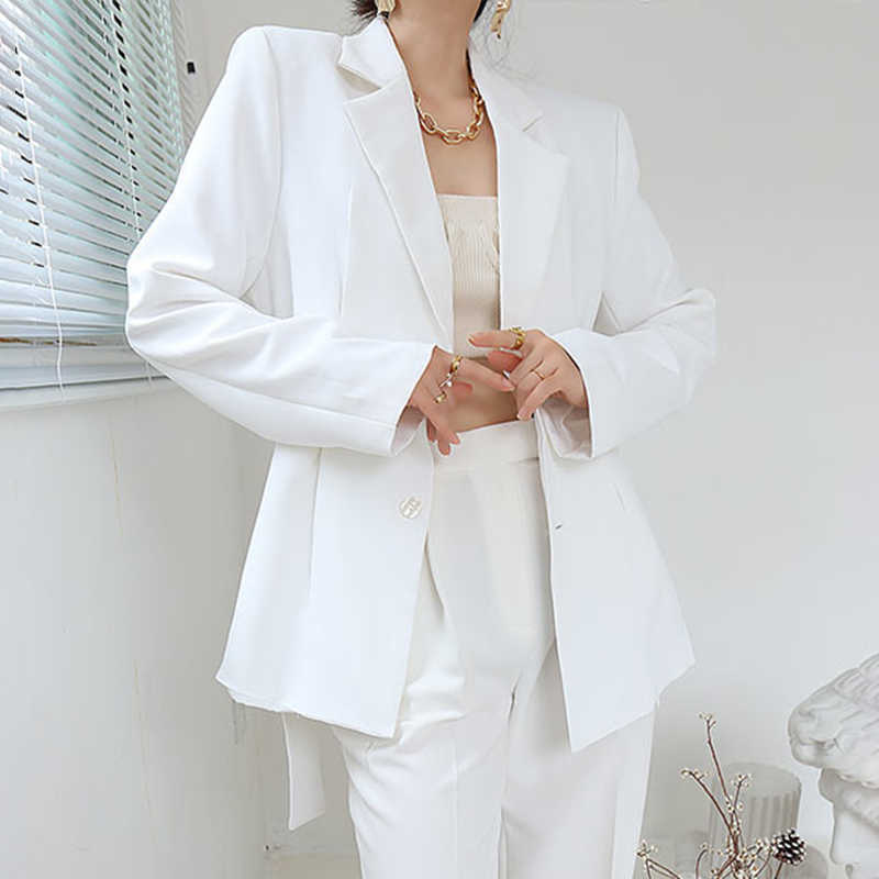 TWOTYLE White Minimalist Blazer For Women Notched Long Sleeve Sashes Elegant Blazers Female Fashion Clothing 210930