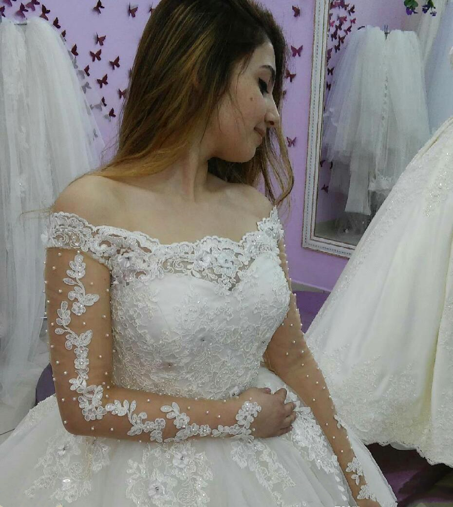 Vintage Vestidos Pearls Lace Ball Gown Wedding Dresses Illusion Long Sleeve Appliques Beads Long Court Train 2021 Princess Wedding Dress