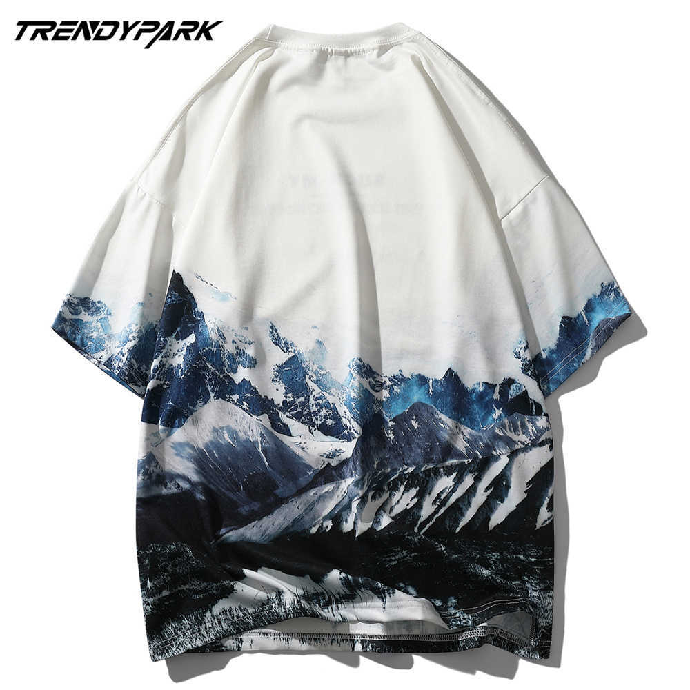 Hip Hop Streetwear Tshirt Men Snow Mountain Print Polyester T Shirt Anime Tee Harajuku Summer Short Sleeve Oversize T-Shirt 210601