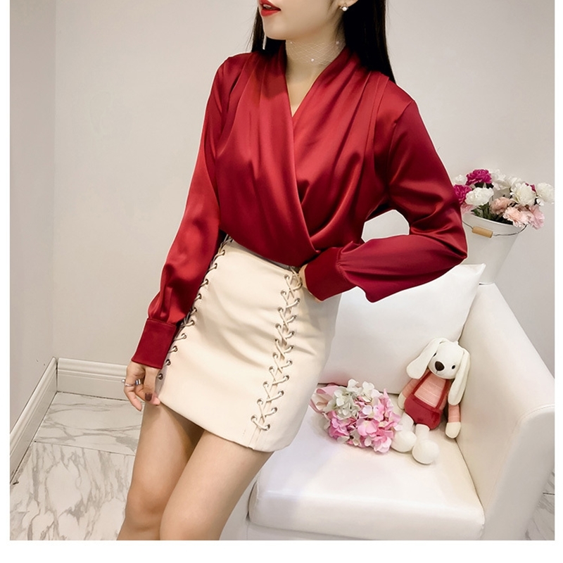 autumn long sleeve Cross V Neck Satin blouses Tops Women Sexy V Neck Satin tops Women V neck Satin shirts Tops T200321