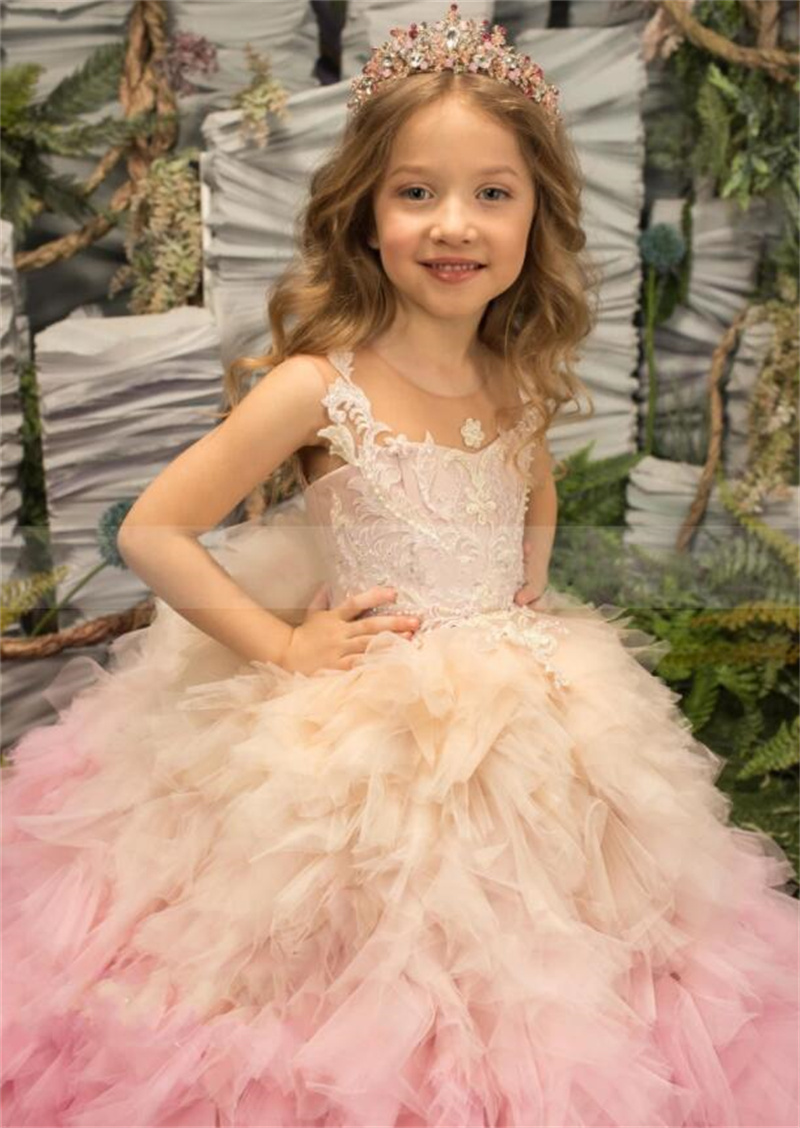 Princess Flower Girl Dress Sheer Neck Jewel Sleeveless Custom Made Birthday Gowns Color Matching Tiered Ruffles Pageant First Communion Dresses
