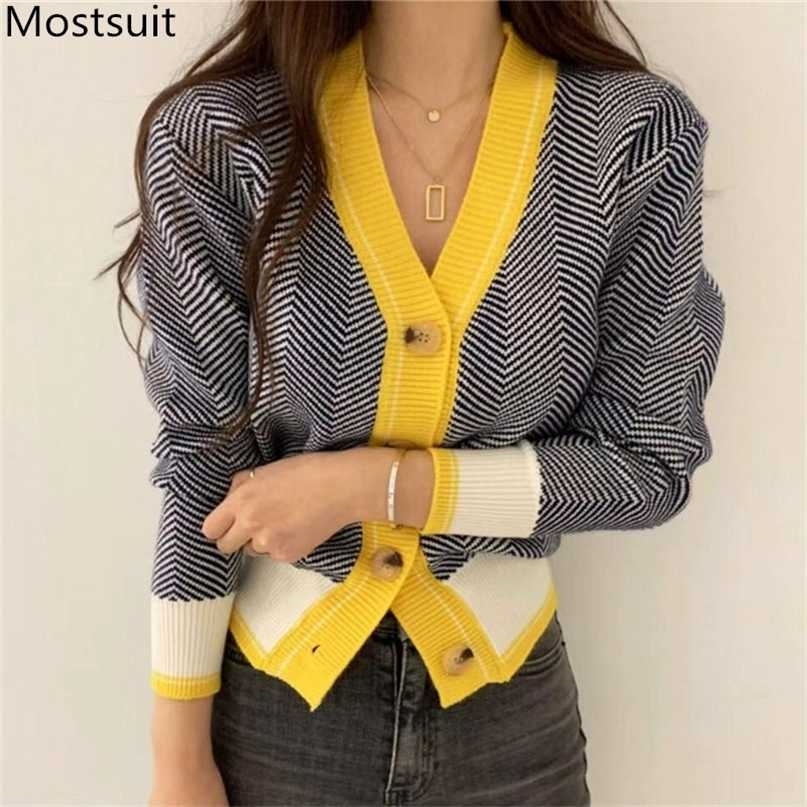 V-neck Single-breasted Korean Cardigan Sweater Women Autumn Winter Color-blocked Long Sleeve Fashion Elegant Ladies Tops 211011Z