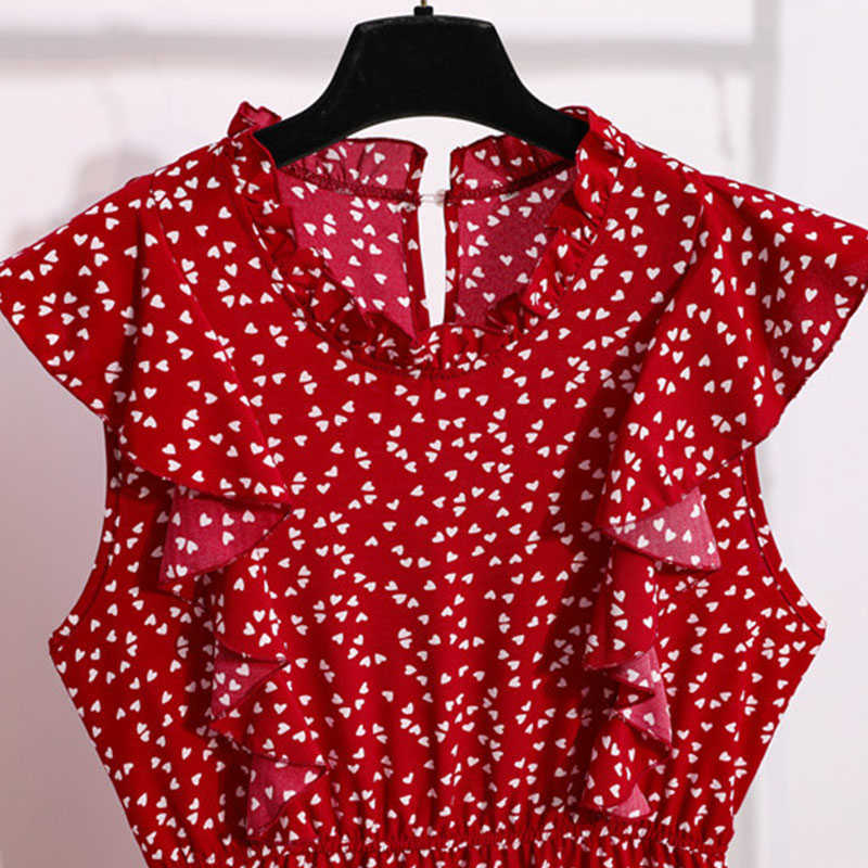 Vintage Butterfly Sleeve Ruffles Heart Dot Print Dress Women Medium Long Chiffon Ladies Spring Summer Dress Red Black Blue 210630