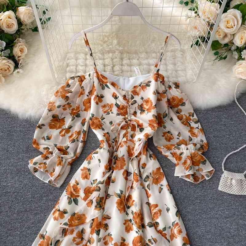 Women Seaside Ins Sweet Ruffled V Neck Elegant Dress Lady Sexy Vestidos De Fiesta M256 210527