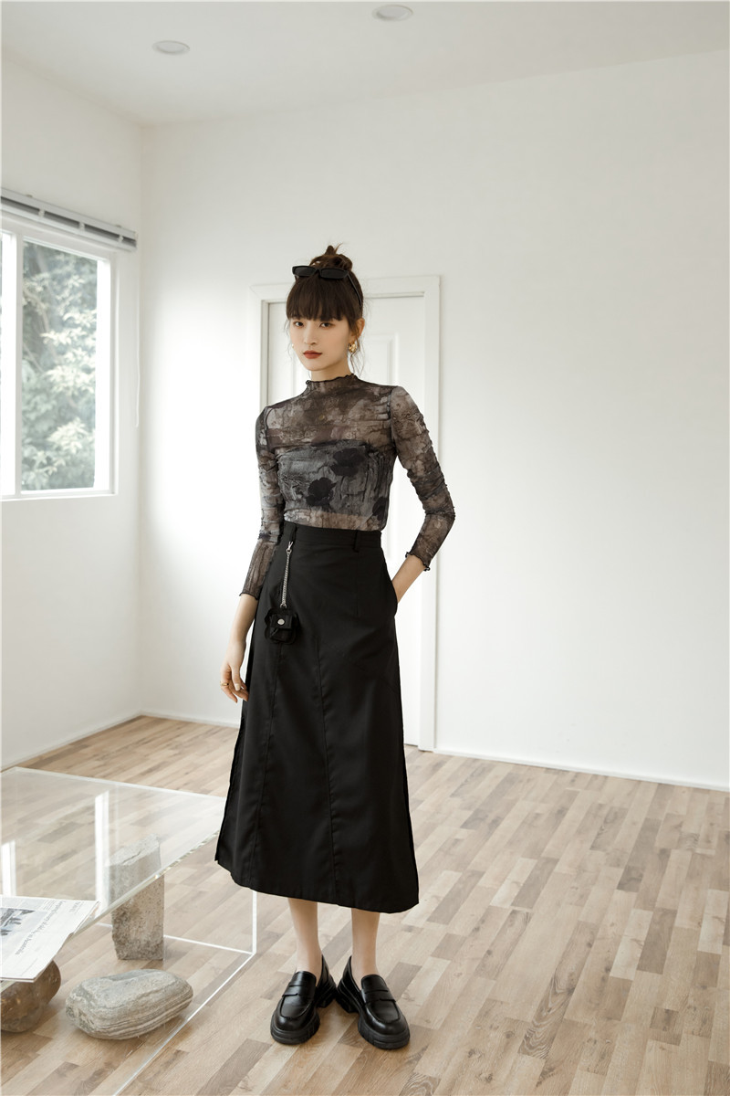 CHEERART Tulle Transparent Top Long Sleeve T Shirt Women Abstraction Print See Through Ladies Top Women Clothing 210302