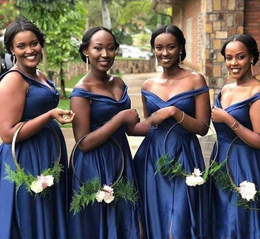 2021 Royal Blue Cheap Bridesmaid Dresses Off the Shoulder Side Split Country Long Wedding Guest Dress Satin Plus Size Bridal Party Dresses