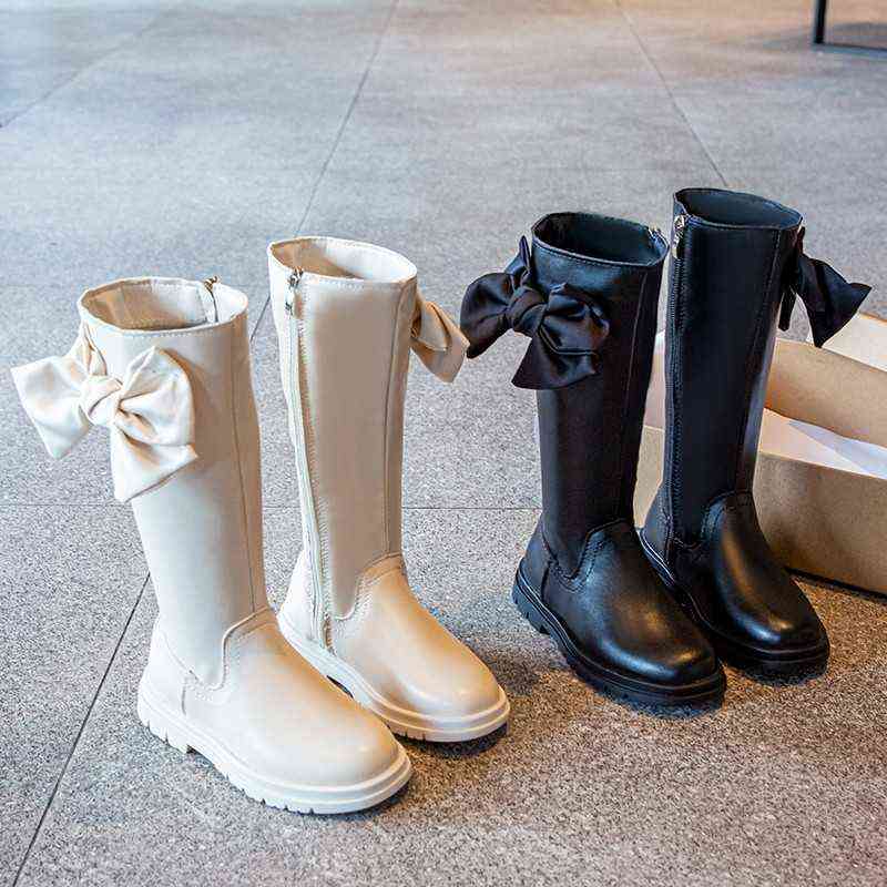 Kids Long Boots Knee Bowknot White Black Fashion Sweet Pu Leather Girl's Autumn Boot 26-36 Elegant Chic Comfy Children Shoes 211102