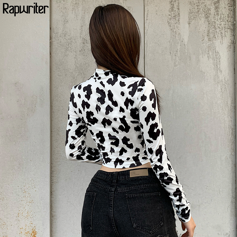 Skinny Tie Dye Women T Shirt Harajuku Slim Milk Cow Print Stand Collar Long Sleeve Sexy Crop Top Tee Fashion Clothes Rapwriter 210302