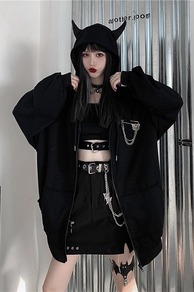 HOUZHOU Gothic Sweatshirt Women Autumn Winter Fashion Punk Women Hoodies Long Sleeve Cotton Zip Up Hoodie Black Loose Pullover 201113