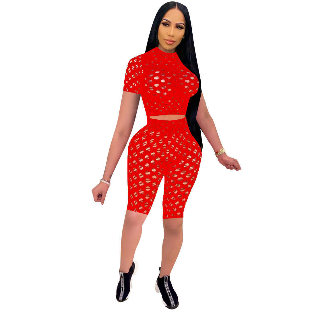 Sexy See Through Hollow Out Bodycon Tracksuit Summer Short Sleeve Pullover Top+Elastic High Waist Knee-length Pants 2 Piece Sets 210604