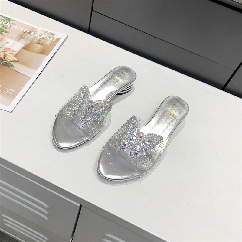 Ladies Butterfly Slippers Spring/Summer Transparent Rhinestone Low Heel Sandals Easy-to-wear solid color women's slipper