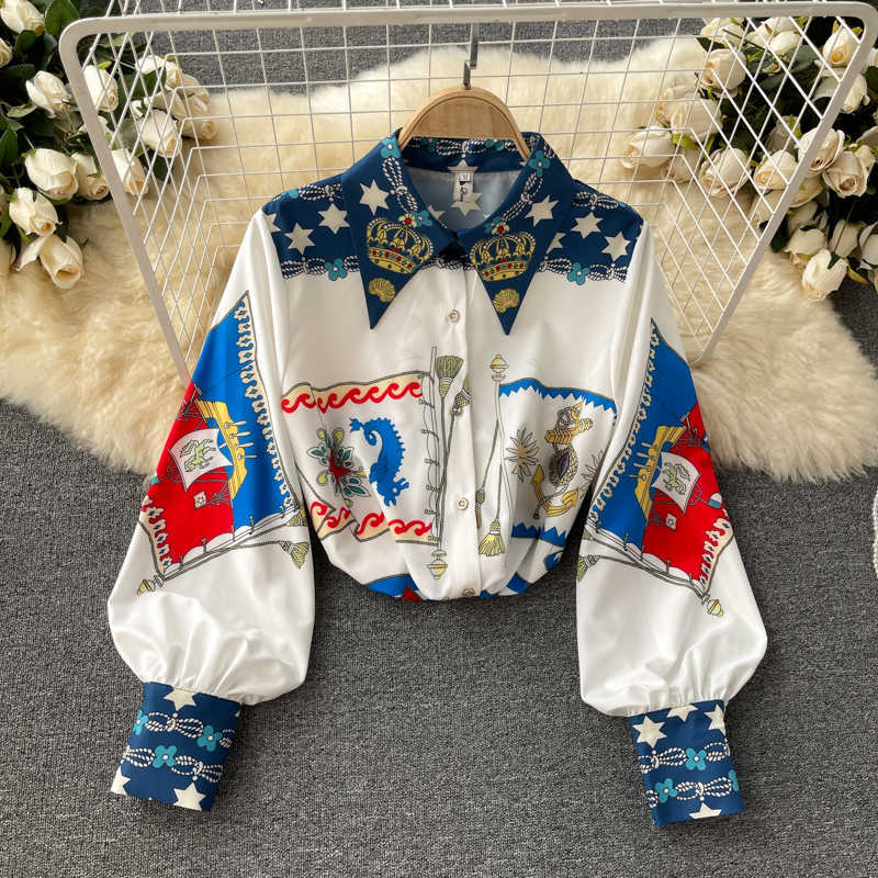 DEAT Women Printing Lapel Puff Sleeve Shorts Arrivals Two Piece Set Fashion Temperament Spring Summer 11D589 210709