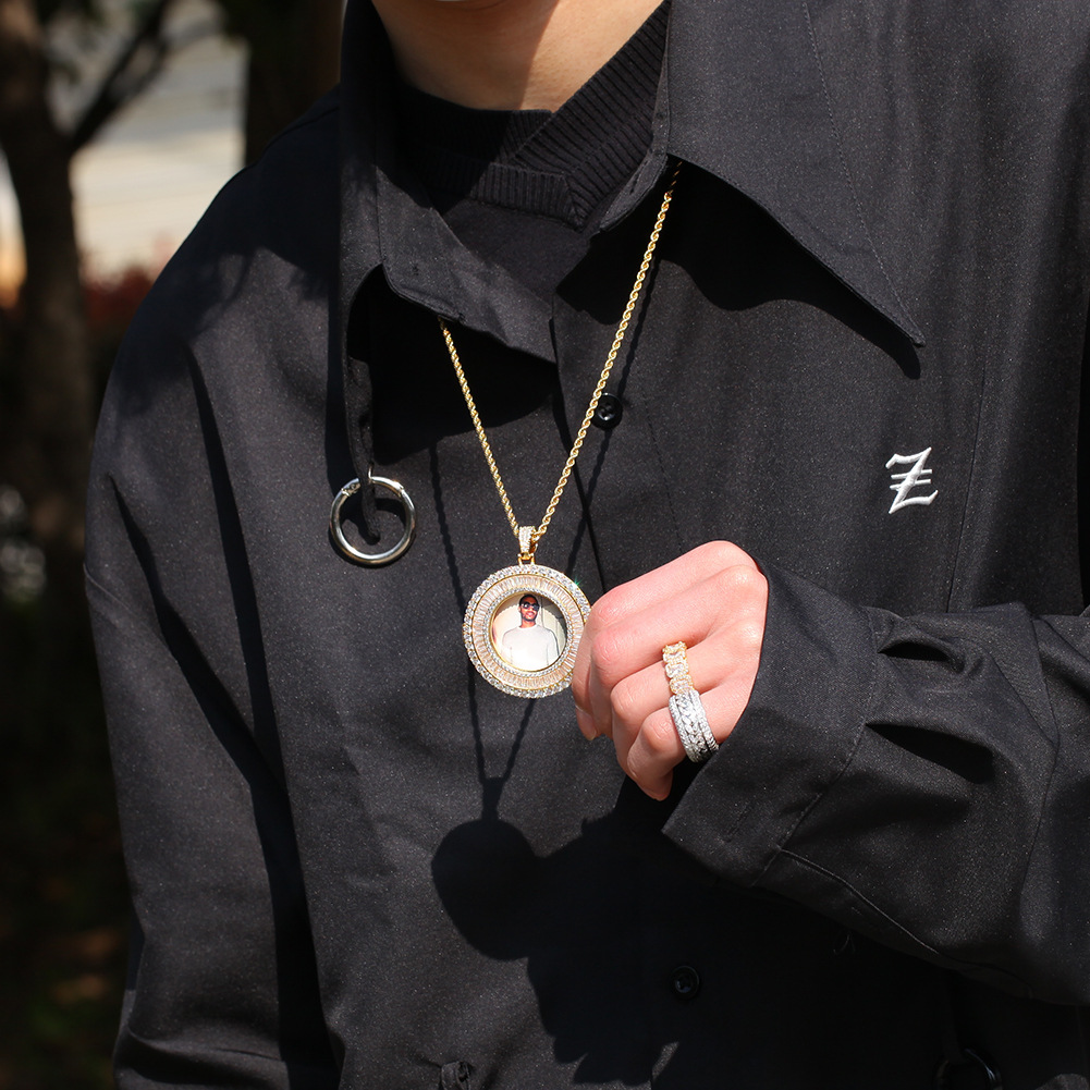 Customize Round Memorial Photo Pendant Necklace with Bling Diamond Stone Zircon Men Women Lover Gift Couple Pendants