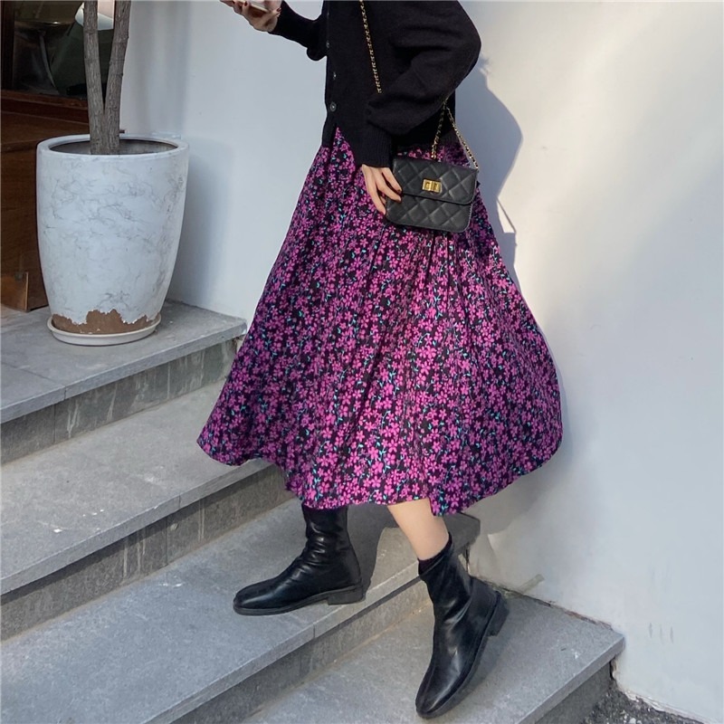Spring Vintage Floral Print Ruffle Pleated Long Skirts Women Korean Skirt Streetwear Drawstring Elastic Waist Midi Skirt 210306