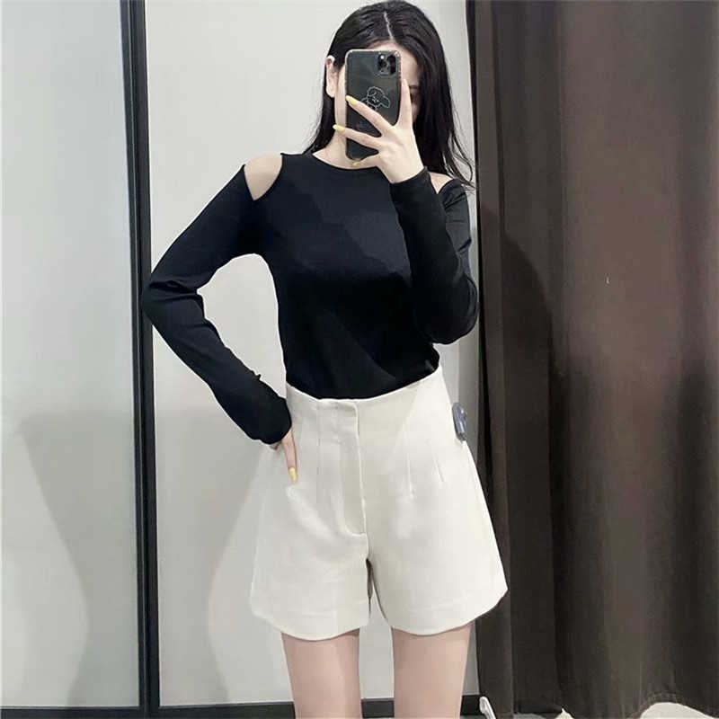 Women Cold Shoulder Ribbed T Shirt Za Long Sleeve Cut Out Vintage Black T Shirts Woman Fashion Slim Spring T-shirt Top 210602