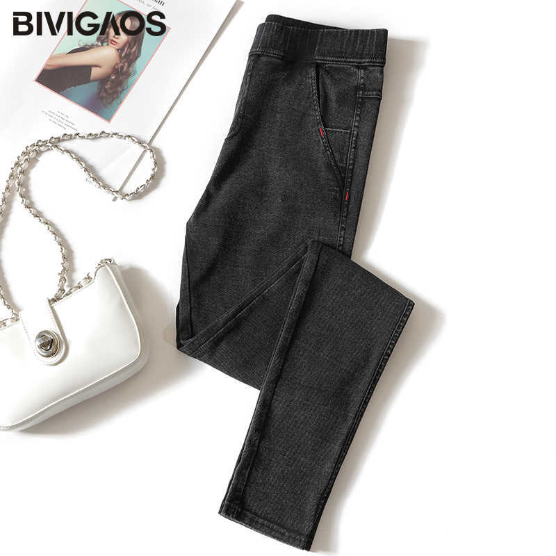 BIVIGAOS Women Jeans Pencil Pants Sand Washed Stretch Leggings Korean Pocket Red Line Magic Black Gray Jeggings 210922