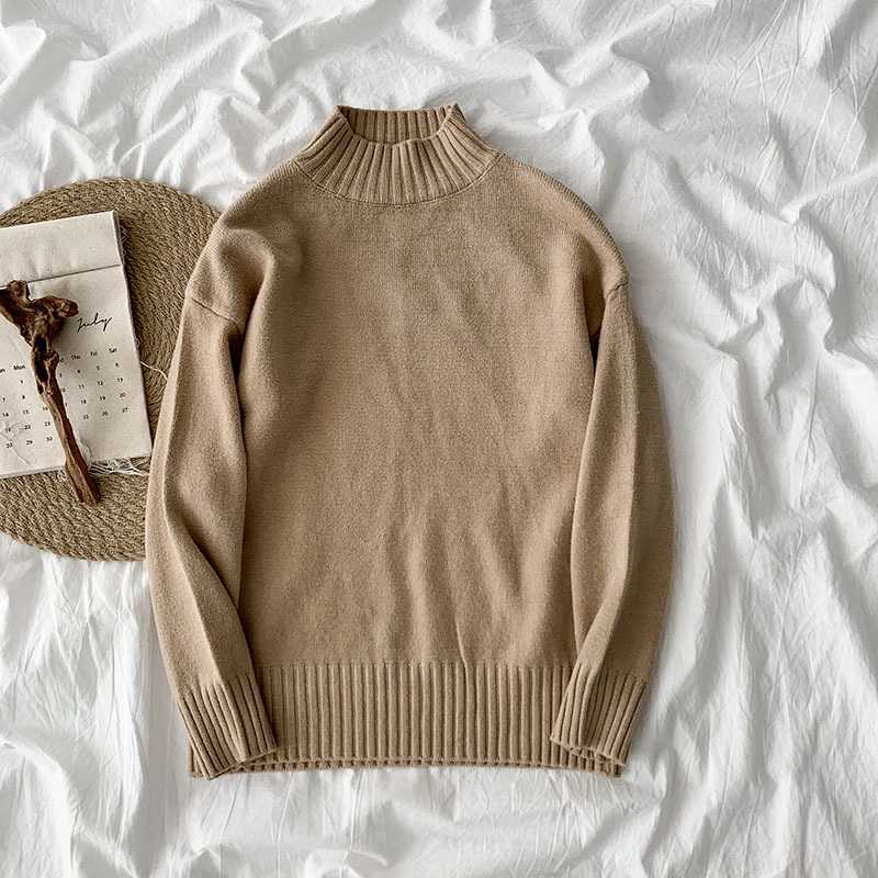 Women Casual Sweater Spring Autumn Half-high Collar Long-sleeved Solid Knitted Top Woman Pullover Sweaters 211018