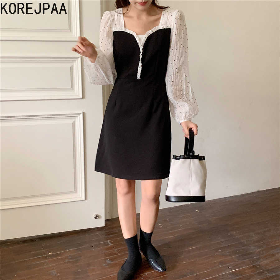 Korejpaa Women Dress Summer Korean Chic Ladies Hepburn Style Square Neck Stitching Wood Ears Polka Dot Puff Sleeve Vestidos 210526, Black
Korejpaa Women Dress Summer Korean Chic Ladies Hepburn Style Square Neck Stitching Wood Ears Polka Dot Puff Sleeve Vestidos 210526, Black