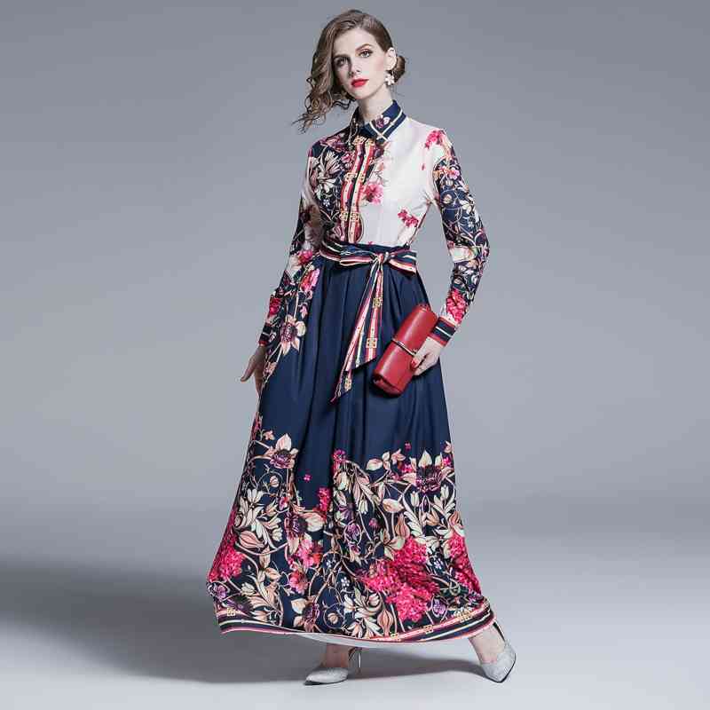 Quality Runway Designer Spring Summer Long Maxi Dress Women's Shirt Charming Floral Stripe Print Pleated Vintage 210603, As picture
Quality Runway Designer Spring Summer Long Maxi Dress Women's Shirt Charming Floral Stripe Print Pleated Vintage 210603, As picture