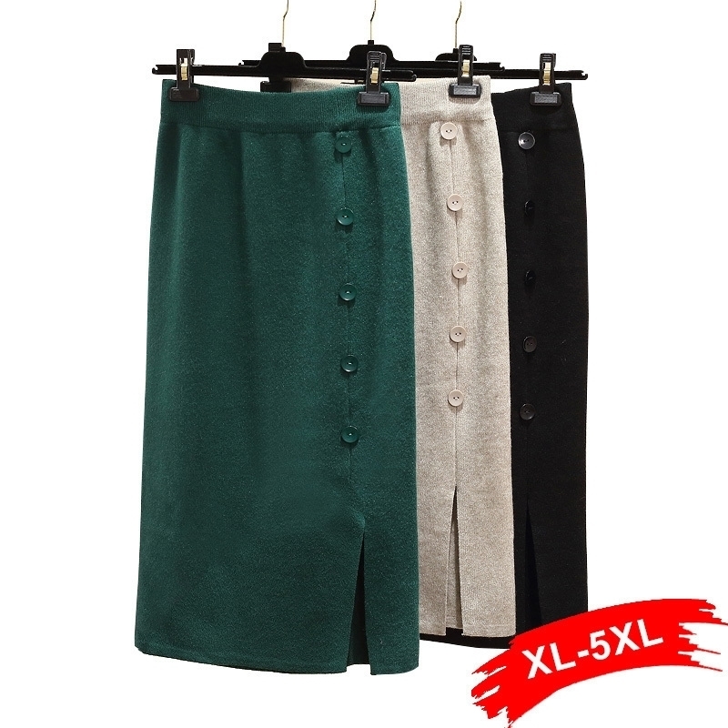 Plus Size Front Split Button Up Dark Green Office Lady Straight Knitted Skirts 4Xl 5Xl Women Mid Long Workwear Knitting Skirt T200301