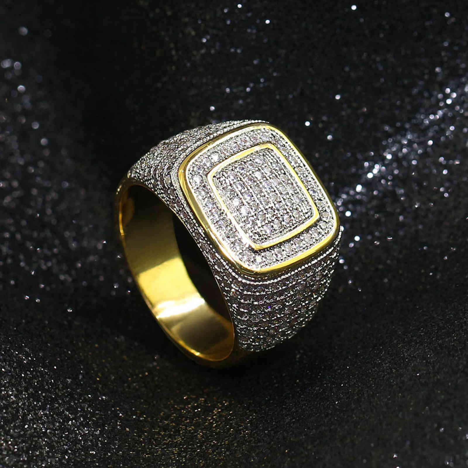 Ins Diamond Trendsetter Hip Hop Men's Ring Full of Zircon Real Gold Plating Multi-layer