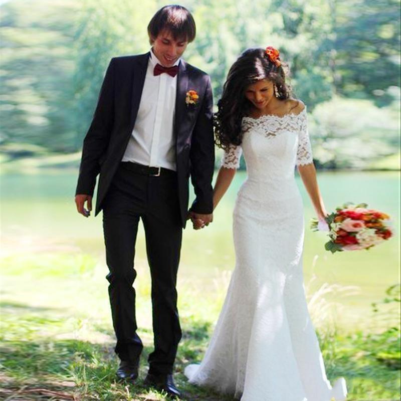 Vintage Lace Mermaid Wedding Dresses with 1/2 Half Sleeves Corset Back Sweep Train Off the Shoulder Custom Made Country Wedding Gown vestido