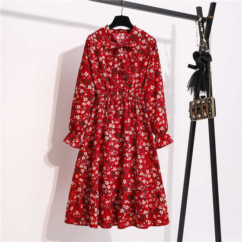 Women Casual Autumn Lady Korean Style Vintage Floral Chiffon Shirt Dress Long Sleeve Bow Midi Summer Woman 210623