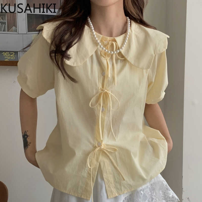 Causal Short Sleeve Women Shirts Blouses Sweet Korean Bow Tie Peter Pan Collar Tops Blusas Feminimos 6G634 210603