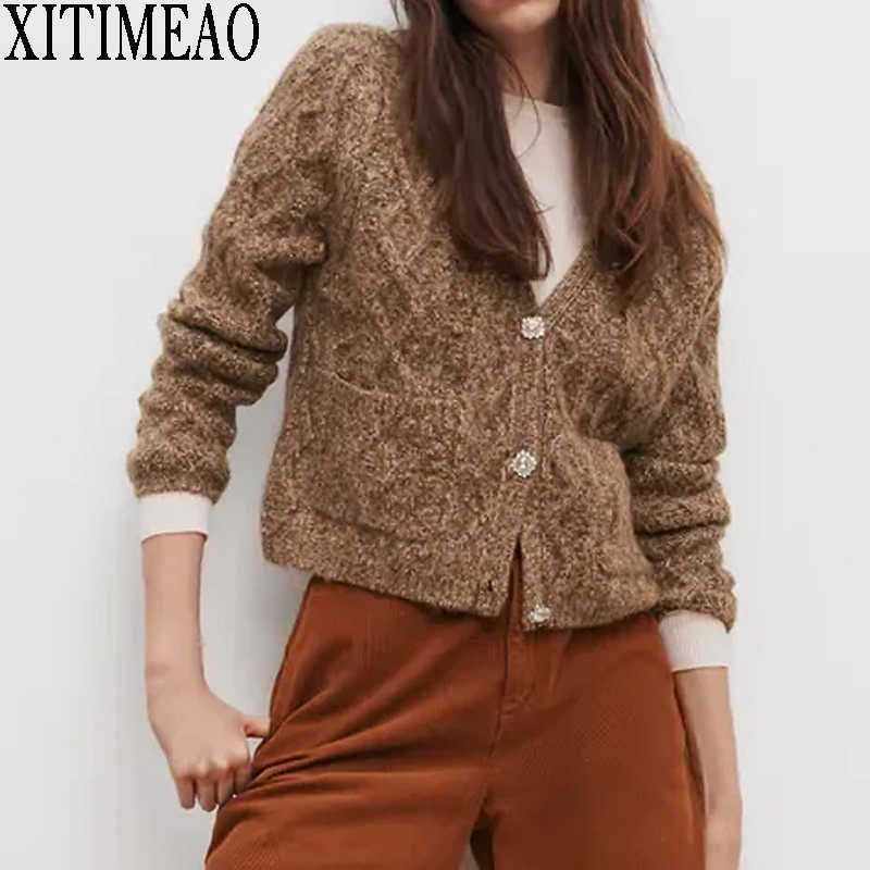 ZA Autumn Winter Knitted Female Decorati Loose Knit Sweater Coat Retro Solid Color V Neck knitted cardigan Women Jacket 210602