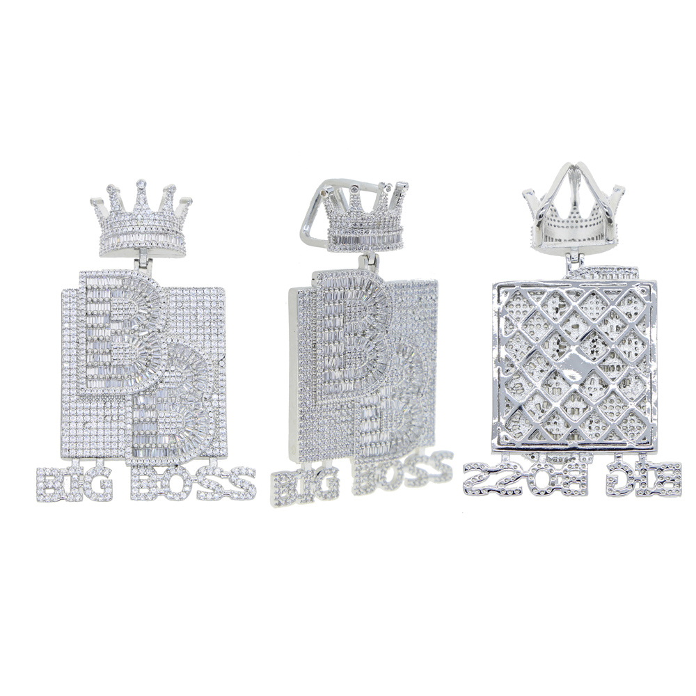 Big Boss Letters Crown Shaped Initial Necklace Pendant with Rope Chain Iced Out Bling 5A Cubic Zircon Hip Hop Men Boy Jewelry