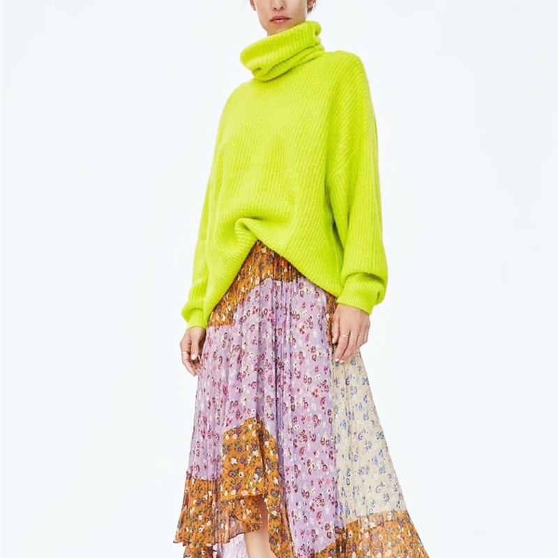 PERHAPS U women neon sweater knitted green pink solid turtleneck pullovers long casual winter loose T200319