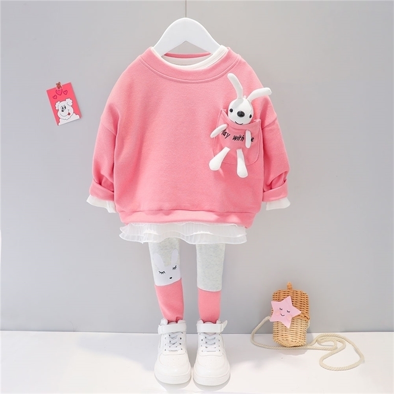 HYLKIDHUOSE Baby Girls Clothing Sets Kids Clothes Lace Cartoon Rabbit T Shirt Pants Toddler Infant Children Vacation Costume 211021