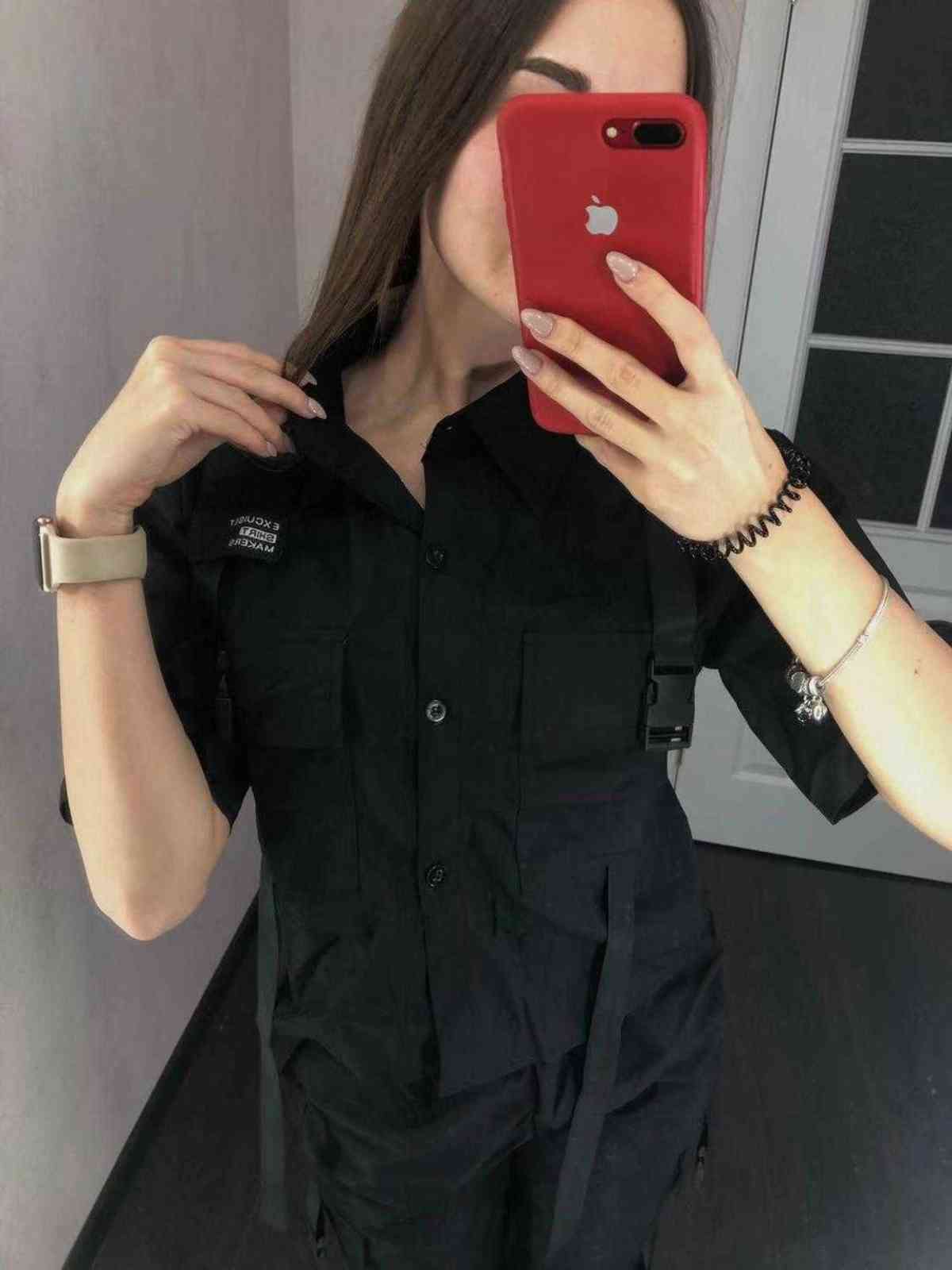Autumn Streetwear Pants High-Waist Straight Ribbon Cargo Student Loose Short-Sleeved Shirt with Tie two-piece Set 211115
